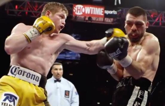 Alvarez vs Angulo - Saul Alvarez lands a hard left on Alfredo Angulo