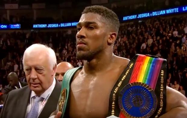 Anthony Joshua following a 7th round KO of Heavyweight rival Dillian Whyte