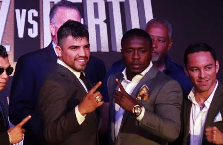 Victor Ortiz and Andre Berto pose for cameras at Ortiz vs Berto II press conference