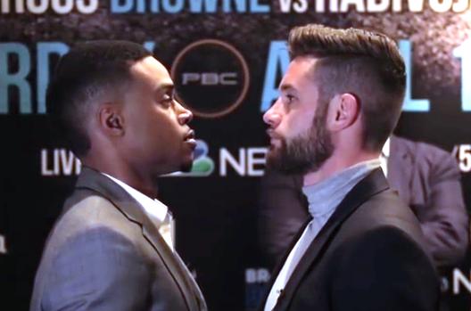 Spence Jr vs Algieri staredown at Brooklyn press conference