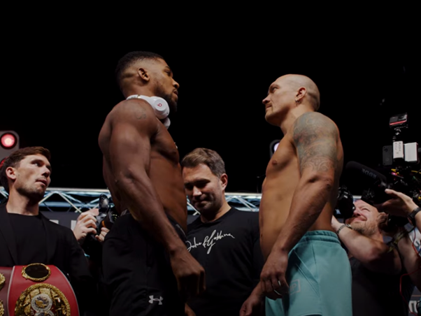 Oleksandr Usyk and Anthony Joshua stare down at their weigh-in