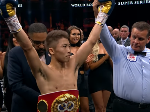 Naoya Inoue's hand is raised by the referee following another Bantamweight victory